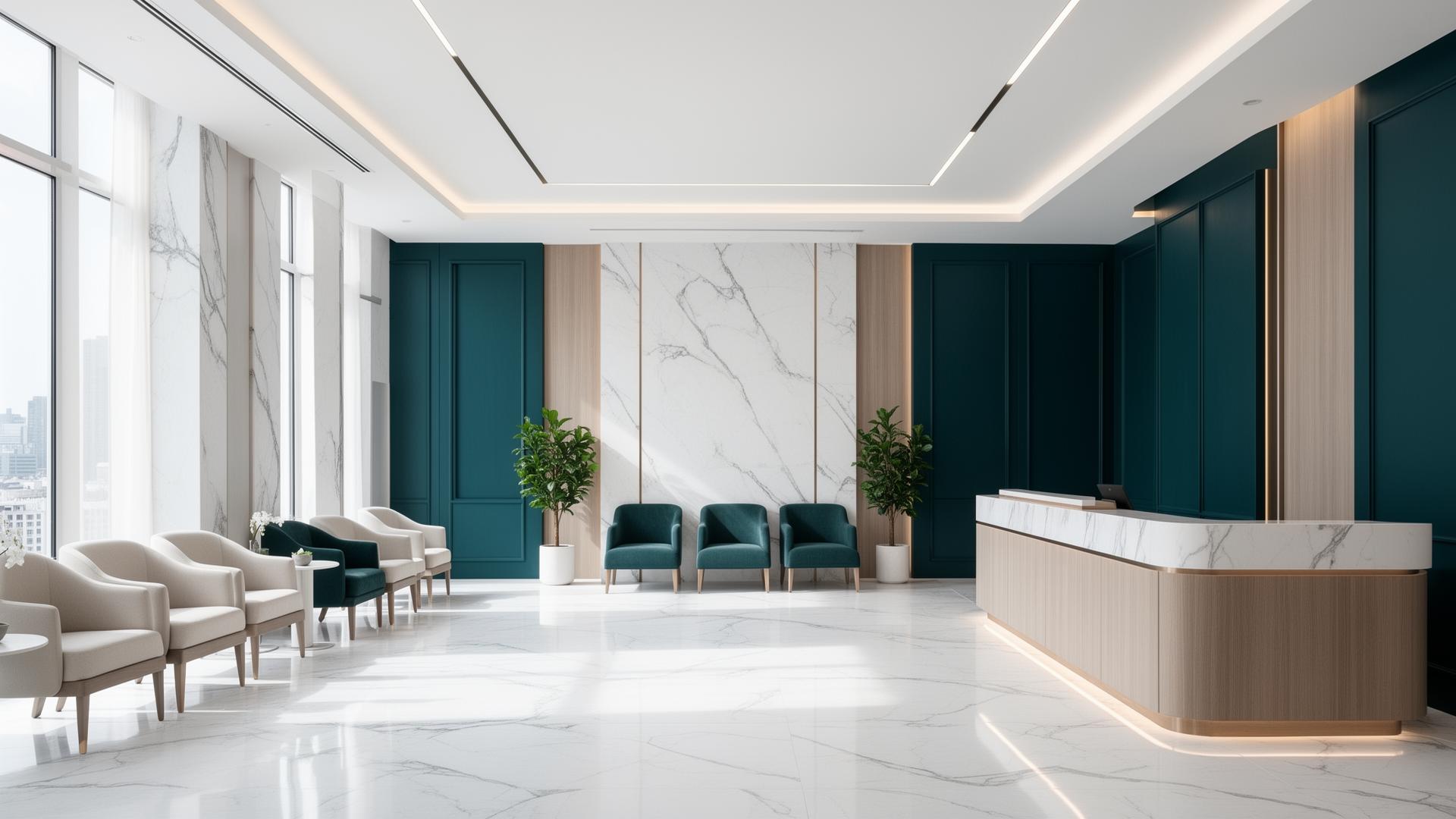 Recepção de clínica premium com arquitetura sofisticada